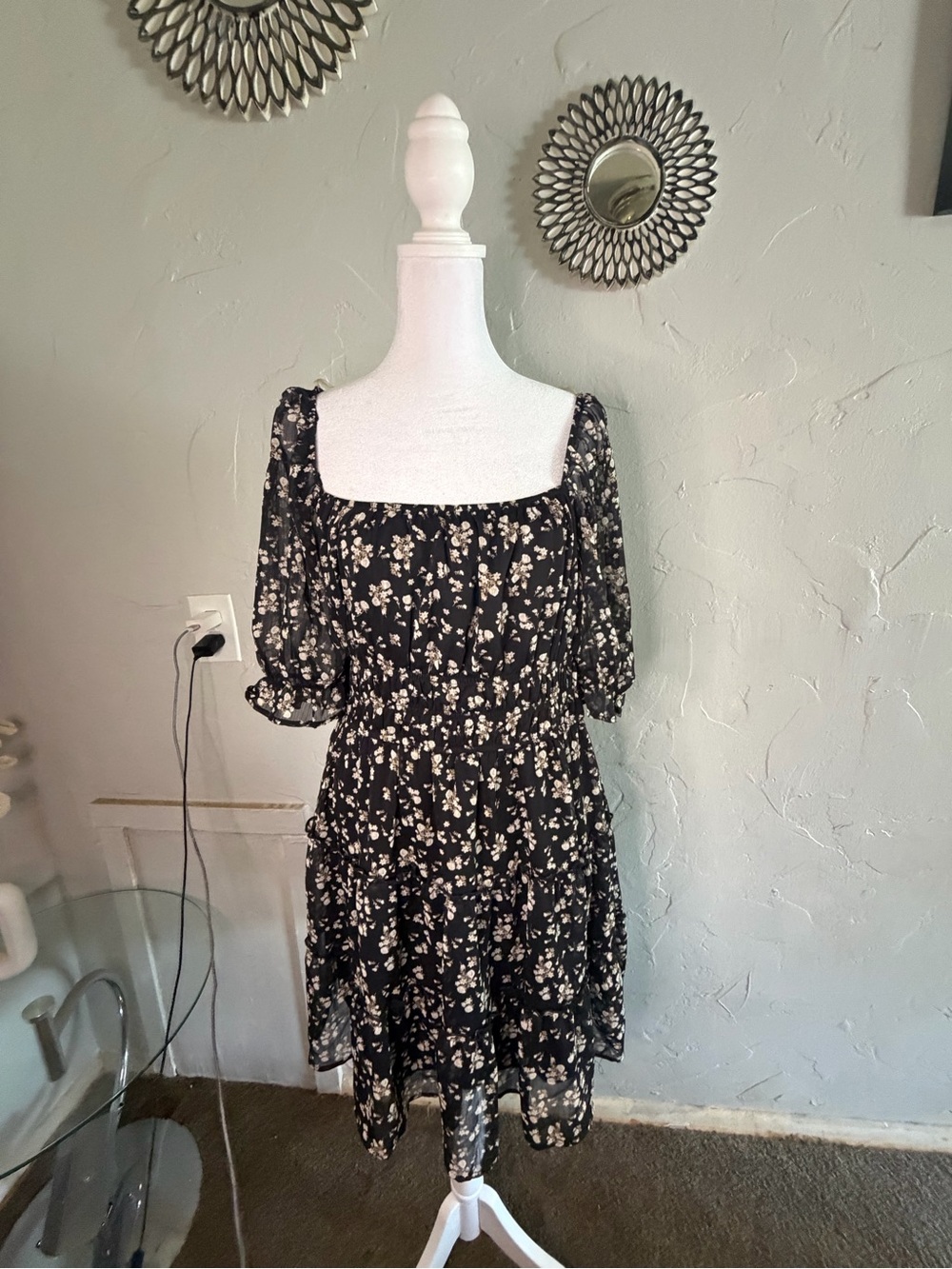 Trixxi Black Floral Square-Neck Puff Sleeve Midi Dress